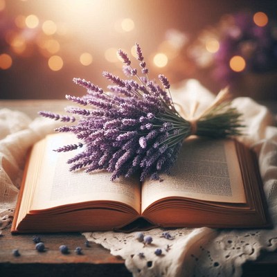 A bouquet of lavender rests on an open book
