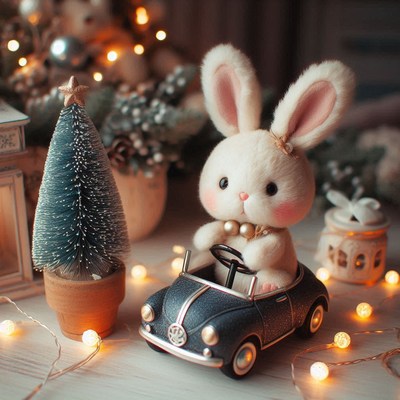 Bunny drives a tiny car by a small christmas tree