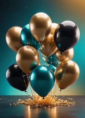 A bunch of gold, teal, and black balloons burst on a table