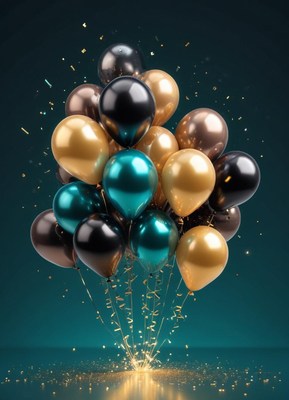 A bunch of gold, teal, and black balloons float in the air