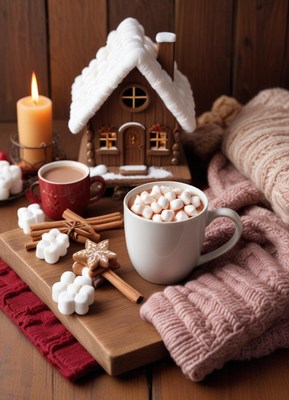 Cocoa, marshmallows, gingerbread, snowy house