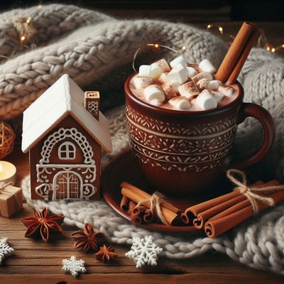 A cozy winter scene with hot cocoa and marshmallows