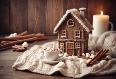 A cozy winter scene with hot chocolate and marshmallows