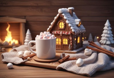 Cozy winter scene: hot cocoa and gingerbread house
