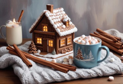 Gingerbread house by a mug of hot chocolate