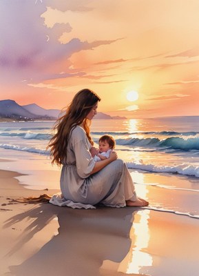 A mother holds her baby on the beach at sunset