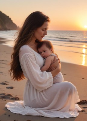 A mother holds her baby on a beach at sunset