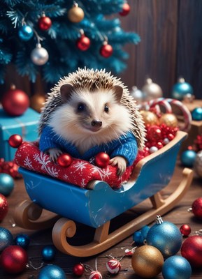 Hedgehog in a blue sweater rides a sleigh with ornaments