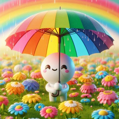 A joyful figure holds a rainbow umbrella in a field