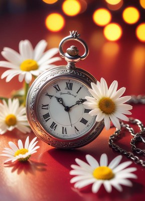 Vintage pocket watch on red, with white daisies