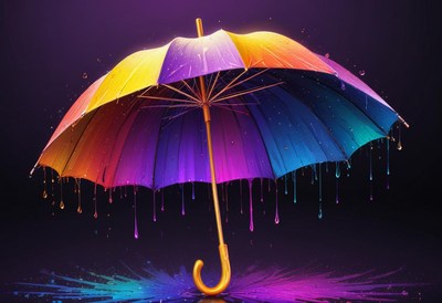A rainbow umbrella drips paint on a dark background