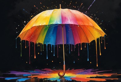 Colorful paint drips from a rainbow umbrella
