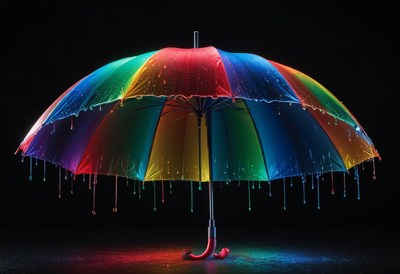 A colorful umbrella drips water on a dark background