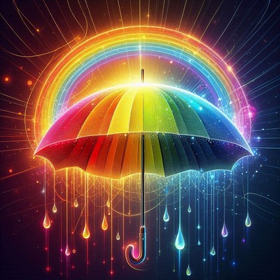 A vibrant rainbow arcs over a colorful umbrella