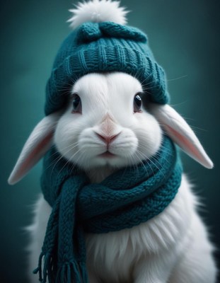 A white rabbit wears a teal hat and scarf