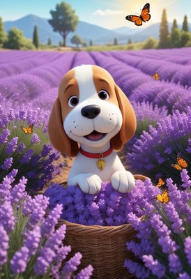 A happy dog sits in a field of lavender