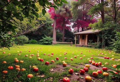 Apples scattered across a grassy lawn near a cabin