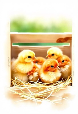 Four chicks huddle together in a wooden crate