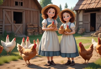 Two girls hold chickens in a rural setting