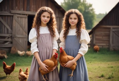 Twin girls hold chickens in a rural setting