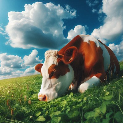 A brown and white cow rests in a grassy field