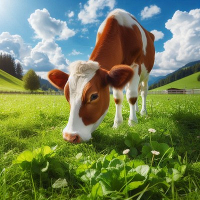 A brown and white cow grazes in a green field