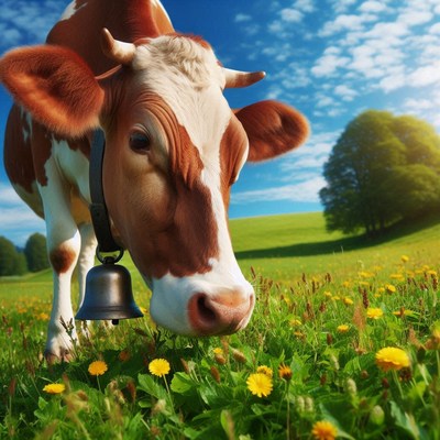 A brown and white cow grazes in a field of dandelions