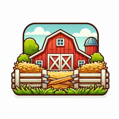 A cartoon barn with a wooden fence in the countryside