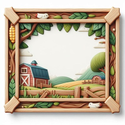 Wooden frame encases a scenic rural barn view