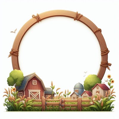 A wooden frame encloses a farm with barns and trees