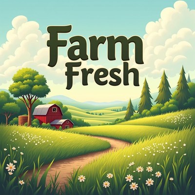 A winding path through grass leads to a red barn