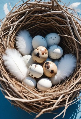 A nest with speckled eggs and white feathers