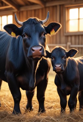 A mother cow and her calf stand in a barn