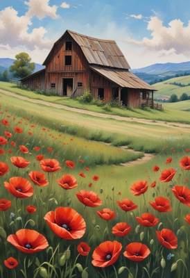 Barn on a hill overlooks poppy field