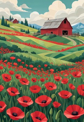 A red barn sits on a hill overlooking a field of poppies