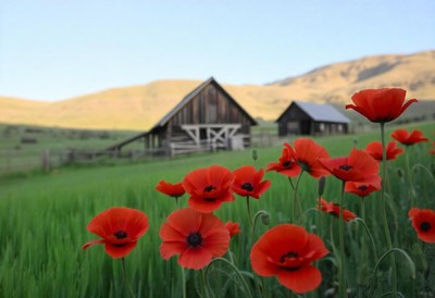 Red poppies bloom in a field near a rustic barn