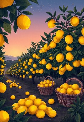 A row of lemon trees at dusk with baskets of lemons