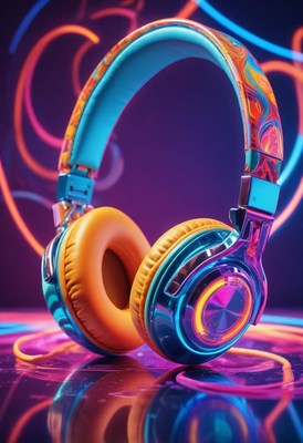 Colorful headphones sit on a table, bathed in neon light