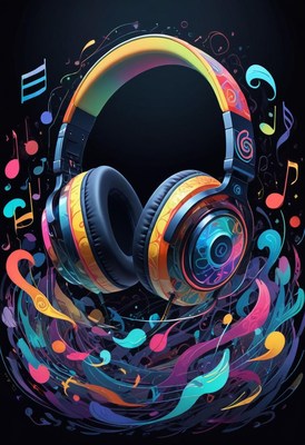 Colorful headphones surrounded by musical notes