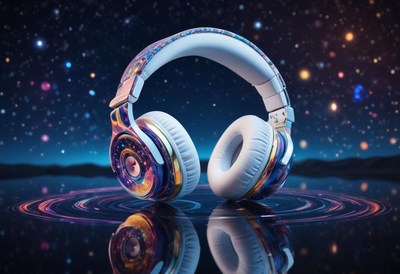 Headphones rest on a surface reflecting stars