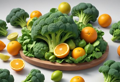 A plate of broccoli, oranges, and limes on a white table