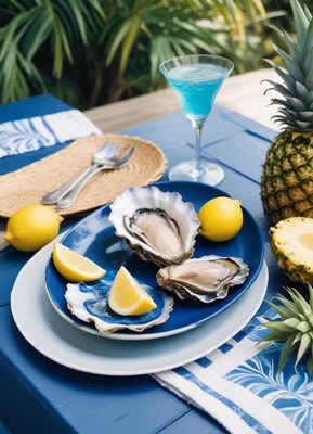 Oysters and lemons on a blue table, ready for a summer lunch