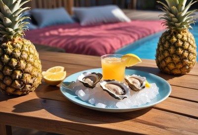 Oysters and a drink by the pool on a sunny day
