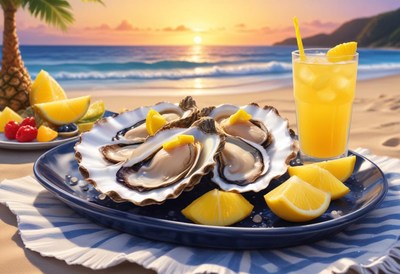 Oysters and lemons on a beach at sunset
