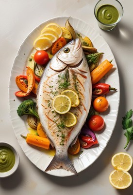 A grilled fish with lemon and vegetables on a white plate