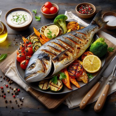 Grilled fish with vegetables on a plate