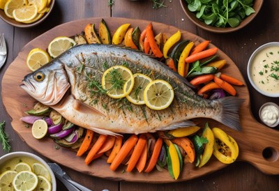 A roasted fish with lemon and herbs on a wooden platter