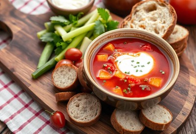 Red soup with sour cream on a wooden board, veggies