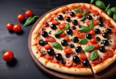 A fresh pizza with black olives, tomatoes, and basil