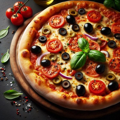 A delicious pizza with tomatoes, olives, and basil